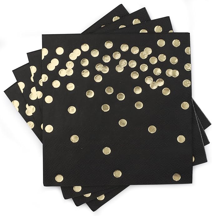 80 Pack of White Paper Cocktail Napkins with Gold Foil Polka Dot Confetti，Polka Dot Party Supplies(5 x 5 in，3-ply) (Black)