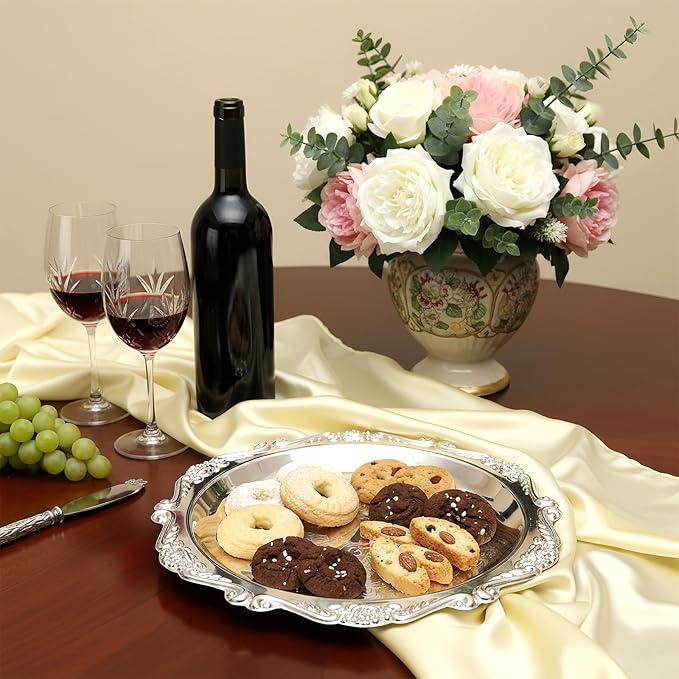 4 Pcs Silver Serving Trays - 7.9in Round Vintage Floral Engraved Metal Trays, Decorative Platters for Whiskey, Charcuterie, Cookies, Snacks & Party Food Display