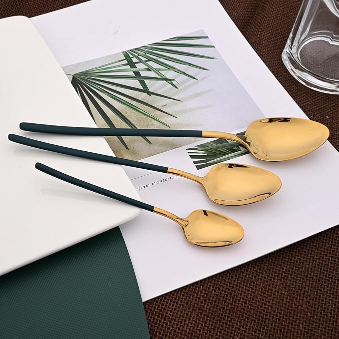 36pcs Silverware Set, 18/10 Stainless Steel Serving Flatware With Curved Handle For 6, Durable Eating Utensils For Home Entertaining, Mirror Polished (Green Gold)