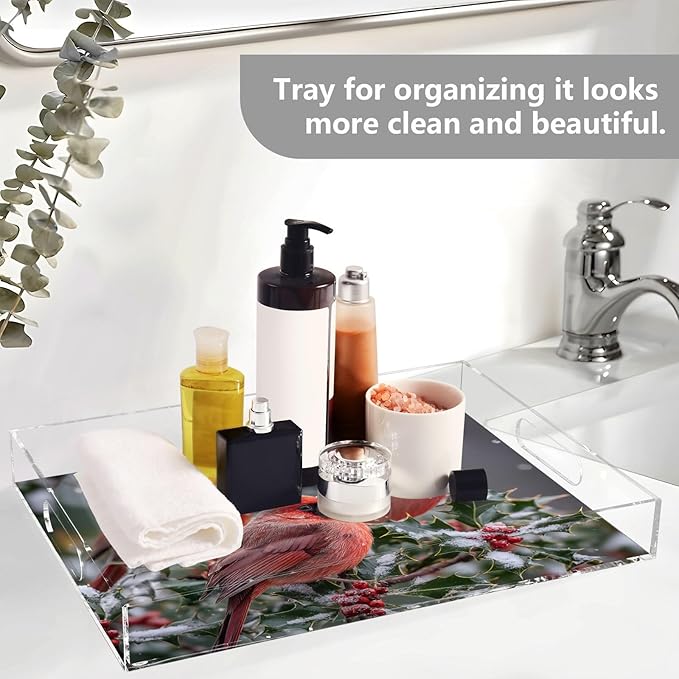 Serving Tray with Handles Clear Acrylic Tray 12x16 Inch Decorative Rectangular Tray Organizer for Ottoman Coffee Table Bathroom Winter Birds Holly