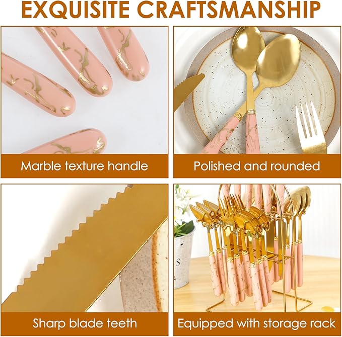24 Pcs Silverware Set with Hanging Holder, Stainless Steel Flatware Set, Kitchen Utensil Tableware Set with Stainless Steel Knives and Forks and Spoons, Mirror Polished, Dishwasher Safe (Pink)