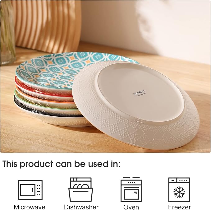 Salad Plates, Dessert Plates 8 Inch, Colorful Ceramic Plate Set for Pasta, Pancakes, Steak, Set of 6, Dishwasher & Microwave Safe