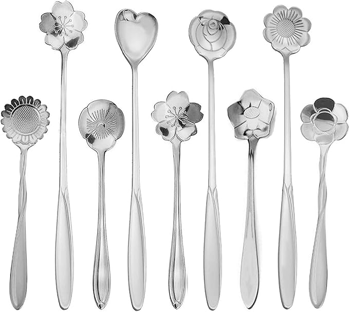 Flower Spoon Coffee Teaspoon Set, PBIEHSR Stainless Steel Two Different Lengths Spoon for Tea Party Decorations(Silver)