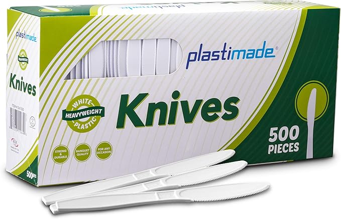 500 Count Extra Heavy duty Plastic Knives, Disposable White Knife, Heavyweight Bulk Cutlery for Dinner, Events, Catering, Parties & Takeout