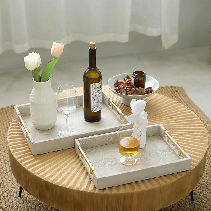 SwallowLiving Set of 2 Shagreen Serving Tray with Gold Polished Metal Handles Ivory Wood Decorative Tray PU Leather with Brushed Gold for Coffee Table Ottoman Console Table