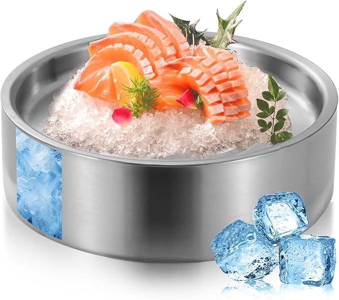 8.4" 304 Stainless Steel Cold Chilled Serving Tray with Ice Chamber, Silver Shrimp Cocktail Serving Dish, Appetizer Cooling Chilled Party Platter with Ice Underneath for Party Buffets (22cm)