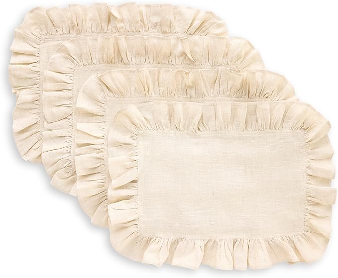 Solino Home Linen Placemats Set of 4-100% Pure Linen Light Natural Placemats 14 x 19 Inch - Gabrielle Ruffle, Handcrafted and Machine Washable