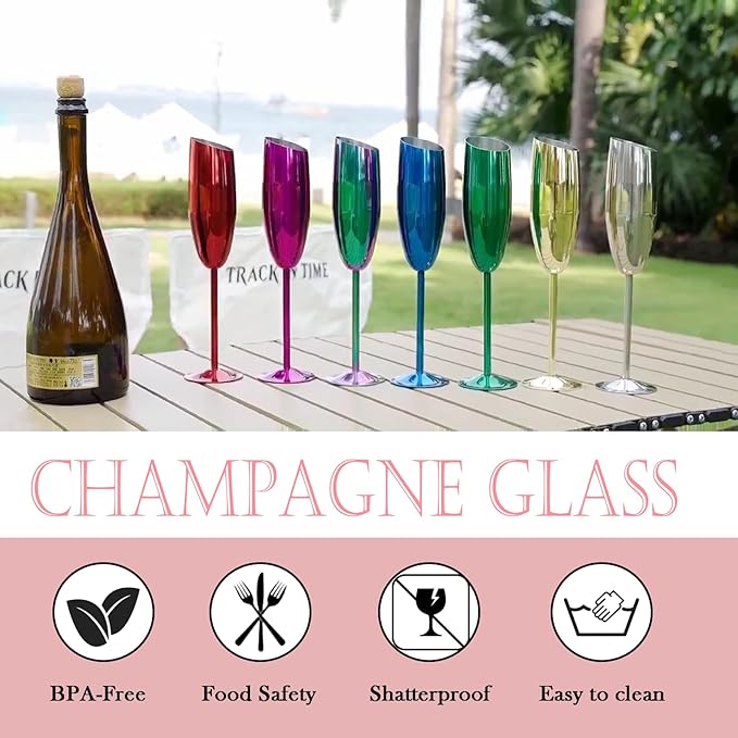 Champagne Flutes Set of 4, Premiumty Stainless Steel High Footed Champagne Glasses, 7oz Capacity,Unbreakable Slanted Champagne Glasses