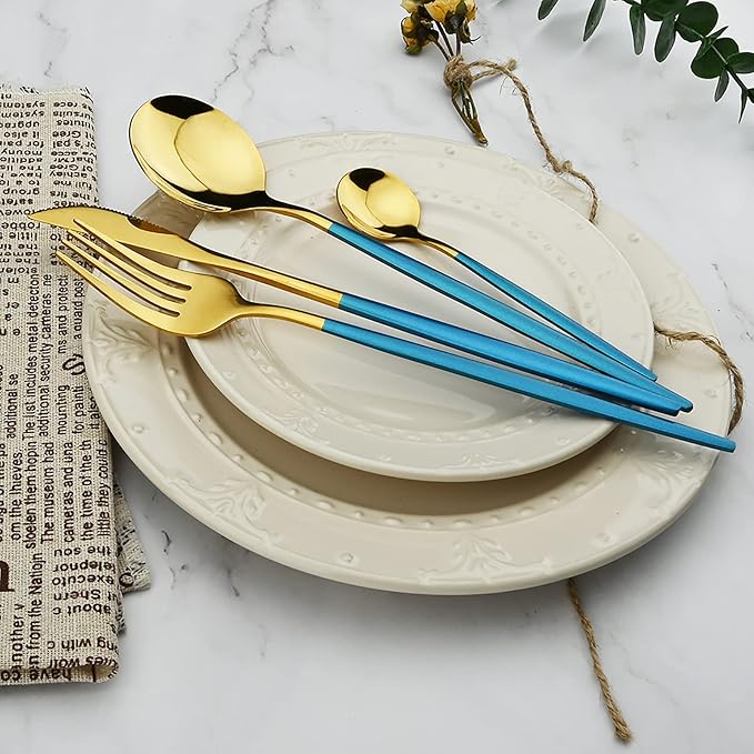 24Pcs Gold Mirror Silverware Flatware With Blue Handle, 18/0 Stainless Steel Cutlery Set Utensils Kitchen Dinnerware Include Knife Fork Spoon and Teaspoon, Service for 4
