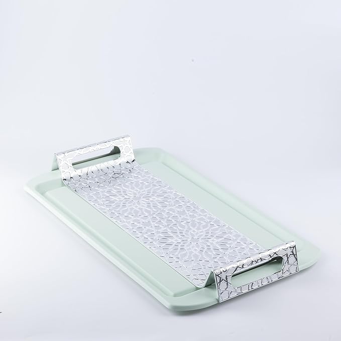 Asala Collection Serving Tray Stainless Steel 23" x 13.4", Elegant Design, Perfect for Serving, Parties, Events, Hand Wash Only, by Otantik Home (Teal & Silver)