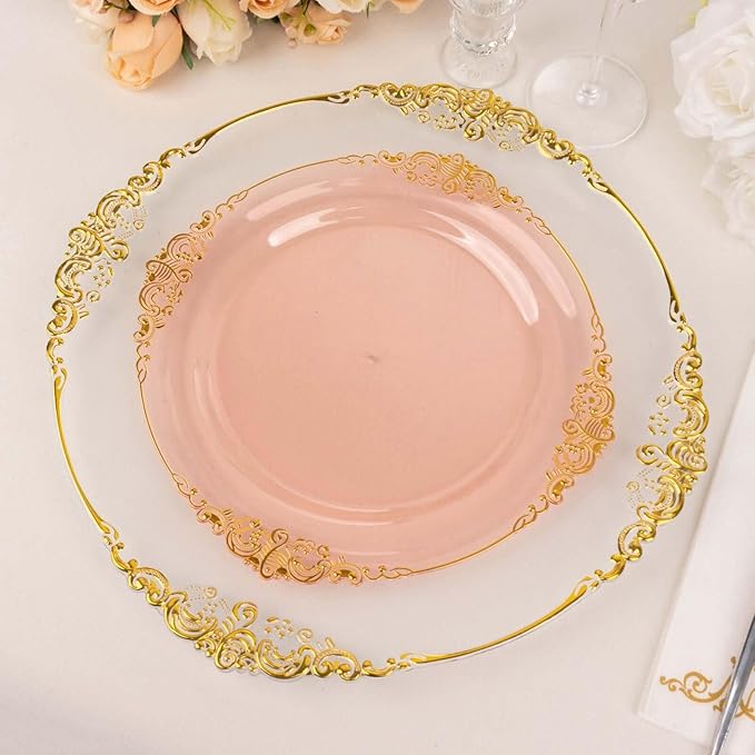 10" Dinner Plates -Set of 30 - Plastic Transparent Blush Round Baroque Disposable Chargers Leaf Embossed Rim, Ideal for Dinner Party Wedding Bulk Events