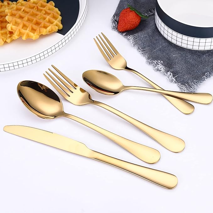 20-Piece Gold Serving Flatware Silverware Set, Stainless Steel Serving Utensil Set, Cutlery Set Service For 4 ，Dishwasher Safe Perfect For Home Kitchen Restaurant (Gold)