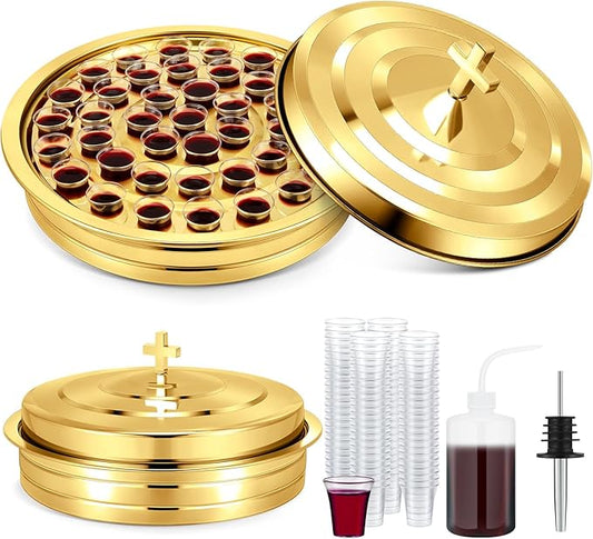 Zhehao 1 Set Holy Communion Trays for Churches with Lid, Churches Cup Fillers, 100 Disposable Communion Cups (Golden)