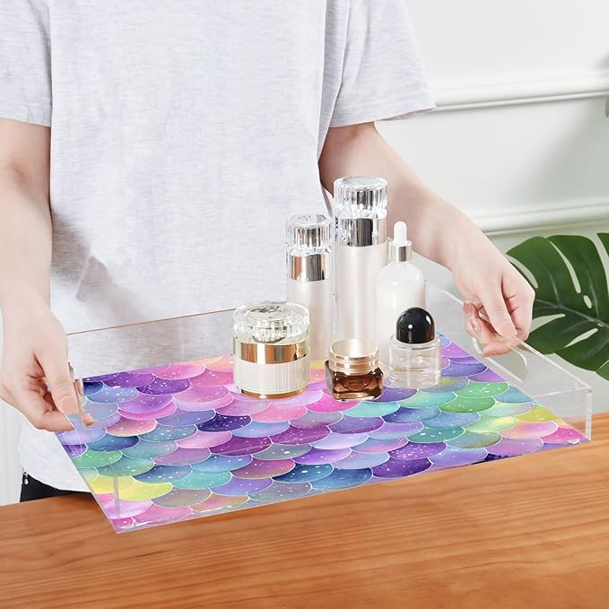Serving Tray with Handles Clear Acrylic Tray 12x16 Inch Decorative Rectangular Tray Organizer for Ottoman Coffee Table Bathroom Watercolor Mermaid Scales Colors