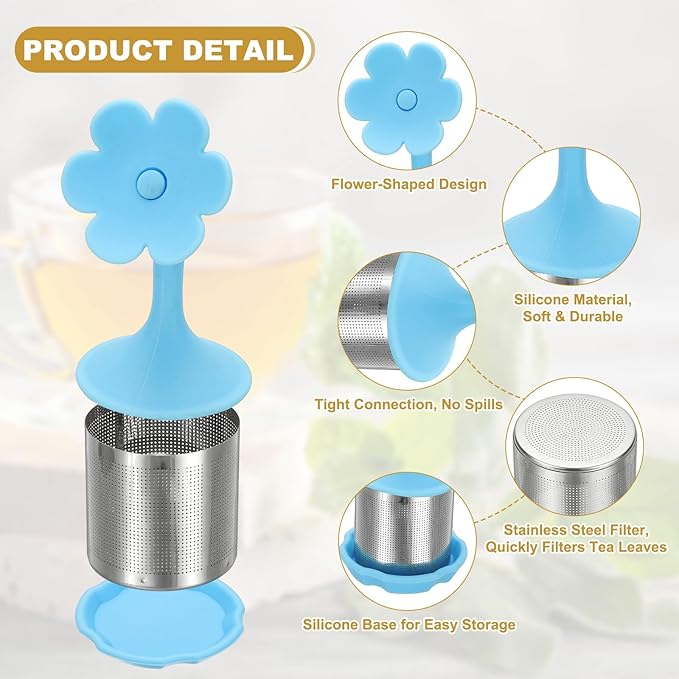 uxcell 2 Pcs Flower Tea Infuser, Stainless Steel Loose Leaf Tea Steeper Filter with Silicone Handle Reusable Thin Pores Mesh Strainer Diffuser for Teacups Teapots Mugs, Blue