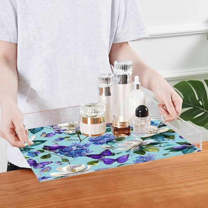 Serving Tray with Handles Clear Acrylic Tray 12x16 Inch Decorative Rectangular Tray Organizer for Ottoman Coffee Table Bathroom Elegant Hydrangeas Magnolias Butterflies