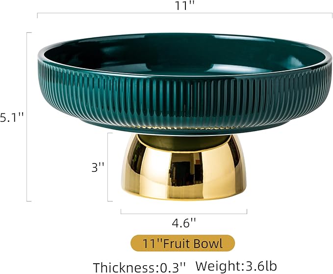 Ceramic Fruit Bowl, 11 Inch Dinner Table and Tea Coffee Pedestal Tray，Elegant and Practical Bread and Fruit Footed Bowls, Salad or Dessert Display Trays for Kitchen Counter (Green).