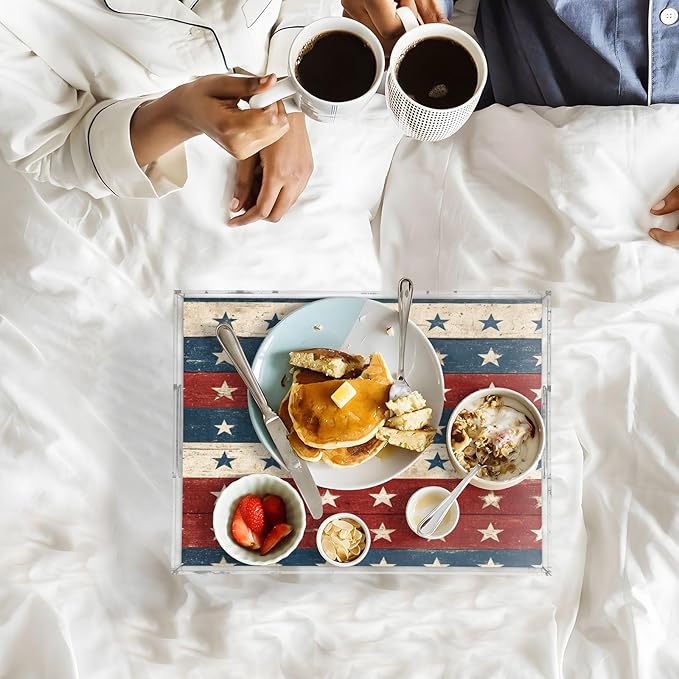Serving Tray with Handles Clear Acrylic Tray 12x16 Inch Decorative Rectangular Tray Organizer for Ottoman Coffee Table Bathroom Red and Blue Stars Independence Day