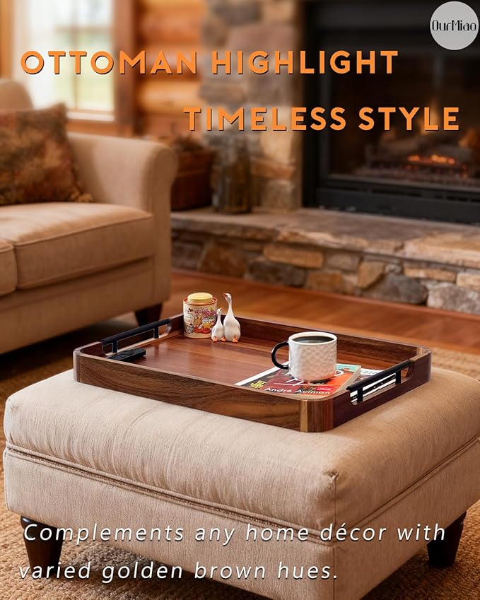 22 x 15.7 Inches Acacia Wood Serving Tray with Metal Handles, Large Rectangular Ottoman Tray with Rounded Corner, Great for Living Room, Coffee Table, Kitchen, Serving Food & Hosting