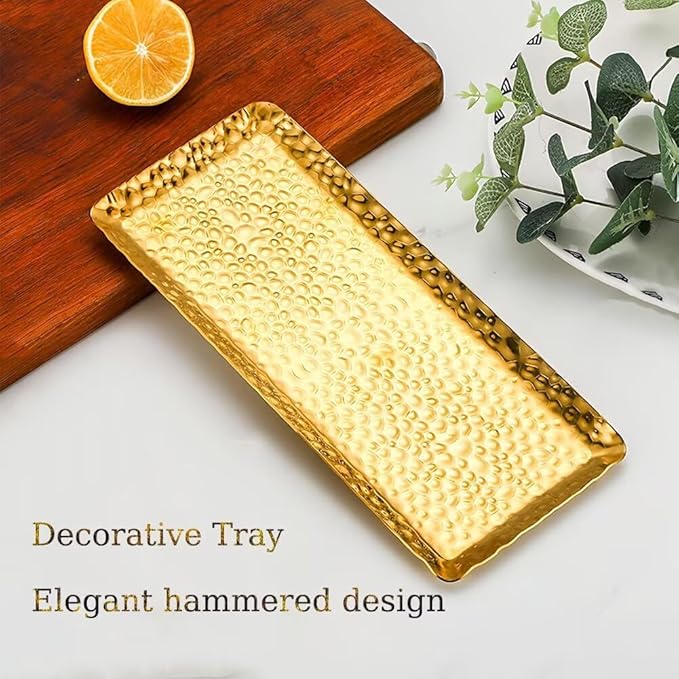 Decorative Tray Stainless Steel Serving Trays Hammered Rectangular 9.8 x 4.3 Inch Dessert Plates Reusable Fruit Stand for Living Room Kitchen Gold