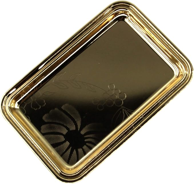 (Pack of 4) 7 inch x 4.7 inch Rectangular Iron Gold Plated Mirror Serving Tray Floral Engraved Decorative Party Birthday Wedding Buffet Wine Decor Platter Plate Base Dish CC-1155