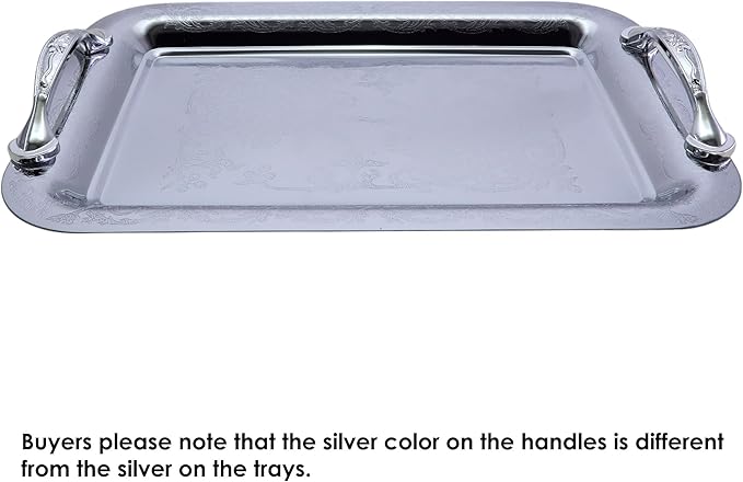 (Pack of 3 11.4 inch x 7.9 inch Oblong Chrome Plated Mirror Silver Serving Tray with Handles Stylish Design Floral Engraved Edge Decorative Party Birthday Wedding Platter Plate CC-1054
