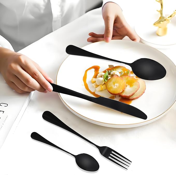 Black Silverware Set, Stainless Steel Flatware Set Service for 6, Kitchen Cutlery Gift Set Utensils Knife Fork Spoon Dinnerware Tableware Kit for for Home, Wedding, Restaurant (Black)