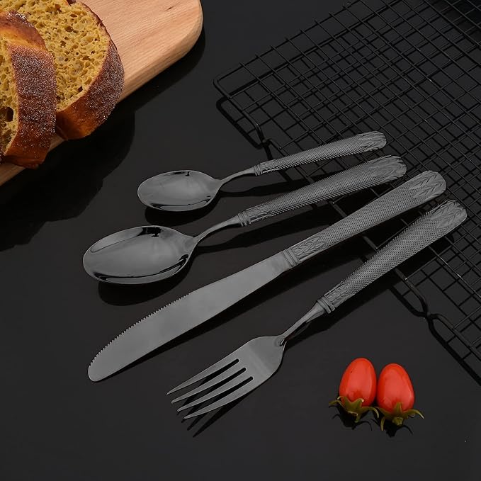 JASHII 304 Stainless Steel Hammered Silverware Set with Wheat Spike Pattern, Modern Eating Tableware Flatware Set, Service for 6. Flat Handle, Dishwasher Safe - Shiny Black