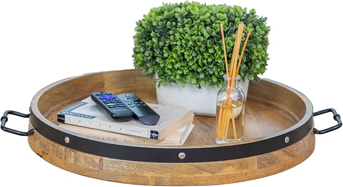 20" Extra Large Round Ottoman Tray, Heavy Duty Mango Wood, for Serving Tea, Breakfast in Bed, Living Room Large Coffee Table Tray Rustic with Farmhouse Style, Decorative Handles and Accent Strap