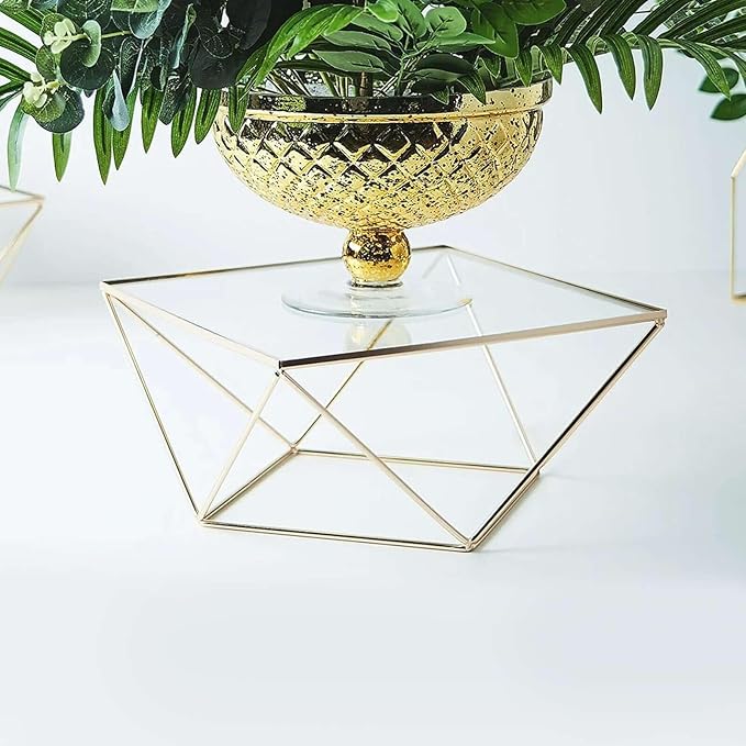 Efavormart Gold Metal Geometric Cake Stand Display Centerpiece Pedestal Riser with Square Glass Top - 14"