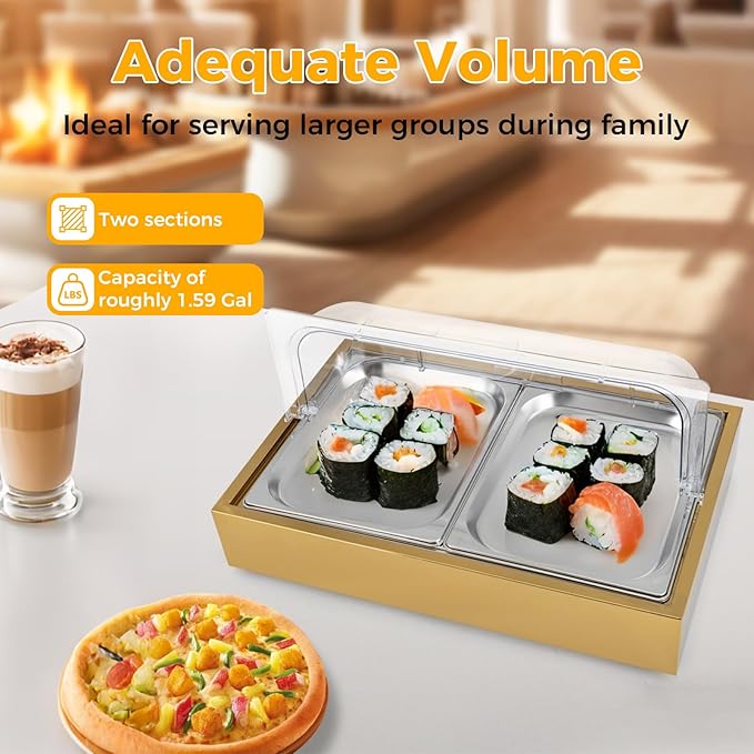 Ice Food Serving Display Tray, 6L Spice Display Salad Dressing Cooler Food Dishes Display Plate Case w/Clear Roll Top Cover for Outdoor Buffets Parties & Restaurant (Gold)