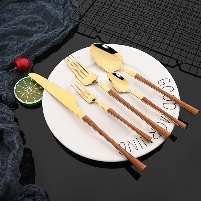 JASHII 30pcs Stainless Steel Imitation Wood Handle Cutlery Flatware Set,Tableware Knife Cake Fork Spoons Dinnerware Set Party Kitchen Silverware for 6, Mirror Polished - Brown&Gold