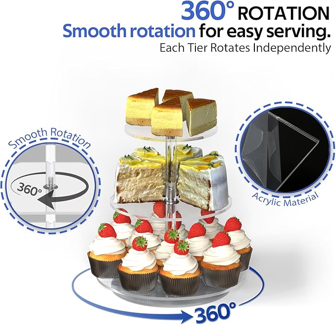 3-Tier Rotating Cupcake Stand, Clear Acrylic 360° Spinning Dessert Display Tower for Cakes & Pastries, Serving Stand for Weddings, Birthdays, Parties