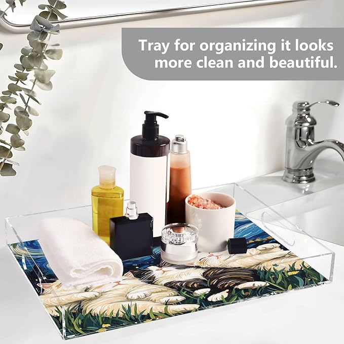 Serving Tray with Handles Clear Acrylic Tray 12x16 Inch Decorative Rectangular Tray Organizer for Ottoman Coffee Table Bathroom Starry Night Floral Ragdoll Cats Cartoon