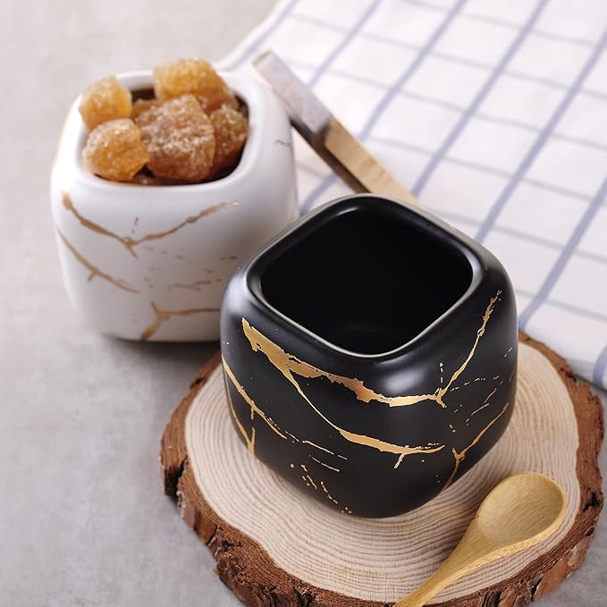 VanEnjoy Decorative Marble Pattern Ceramic Sugar Spice Containers Porcelain Jar with Bamboo Lid and Spoon Condiment Jar for Home