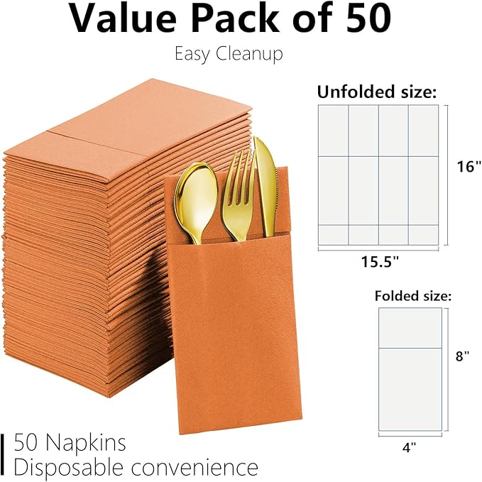 Pastel Orange Linen Feel Napkins with Flatware Pocket, 50 Pack Cloth Like Pre-Folded Napkins for Silverware, Guest Hand Towel for Dinner Party Wedding Decoration (16. x 15.5 inch)