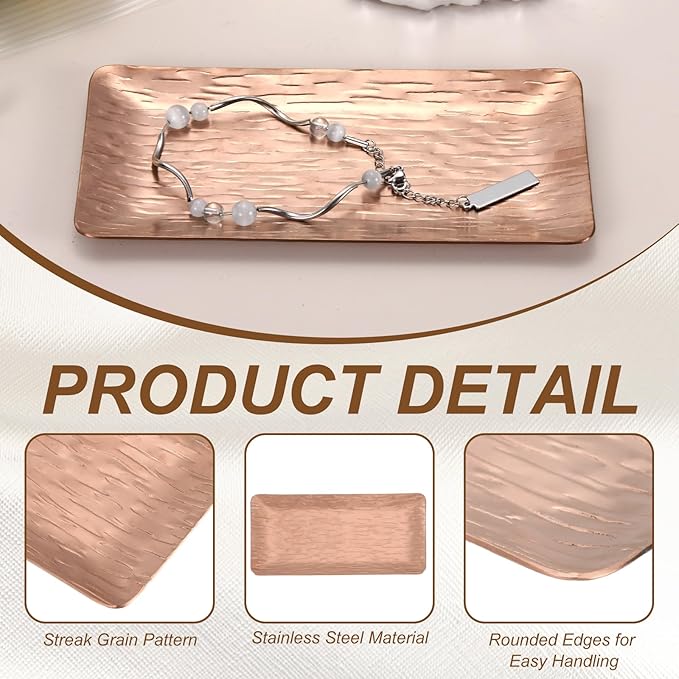 uxcell Decorative Tray, 5.9x3 Stainless Steel Rectangular Frosted Serving Tray with Streak Grain Pattern for Dessert Napkin Towel Candle Jewelry Bathroom Platter, Stackable, Rose Gold