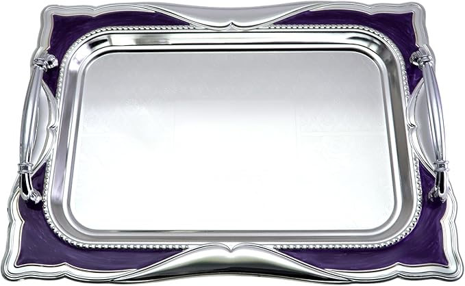 14.2 inch x 10.2 inch Rectangular Chrome Plated Silver Serving Tray with Handles Iron Purple Floral Engraved Decorative Wedding Dessert Buffet Wine Decor Platter Plate FST-034