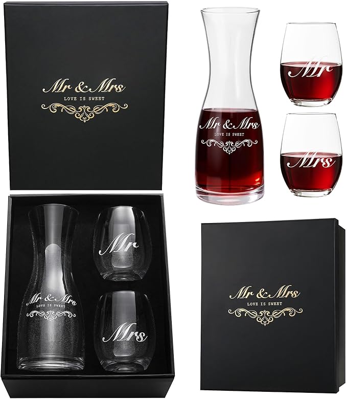 AW BRIDAL Engagement Gifts for Couples 2025, Mr and Mrs Wine Glasses with Decanter Set for Anniversary Christmas, Wedding Gift for Newly Engaged Couple, Bridal Shower Gift for Bride to Be