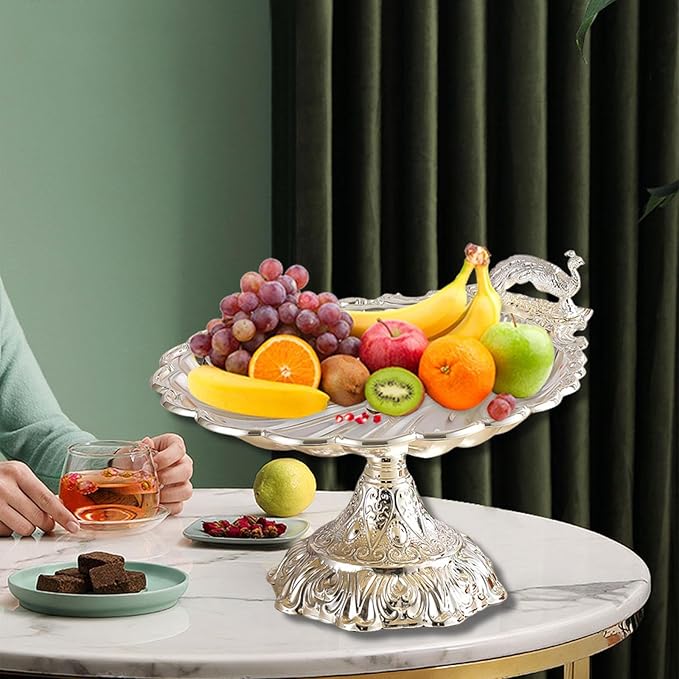 Fruit Plate Vegetable Holder with Base Decor Container Stand for Kitchen Counter Home Bread Snacks Serving Tray- Silver