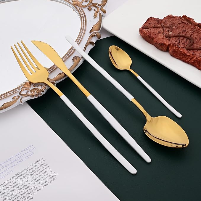 36pcs Silverware Set, 18/10 Stainless Steel Serving Flatware With Curved Handle For 6, Durable Eating Utensils For Home Entertaining, Mirror Polished (White Gold)