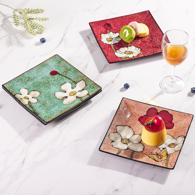 Porcelain Square Dessert Salad Pasta Plates 7.5 inches ceramic plates set of 4 Stackable Dinner Plates for Steak, Pasta, Salad, Snacks, Dessert，Microwave and Dishwasher Safe (Multicolor A, 7.5 Inch)