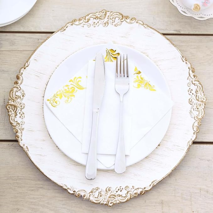 13" Charger Plates -Set of 24 - Acrylic White Round Baroque Disposable Chargers Leaf Embossed Rim, Ideal for Dinner Party Wedding Bulk Events