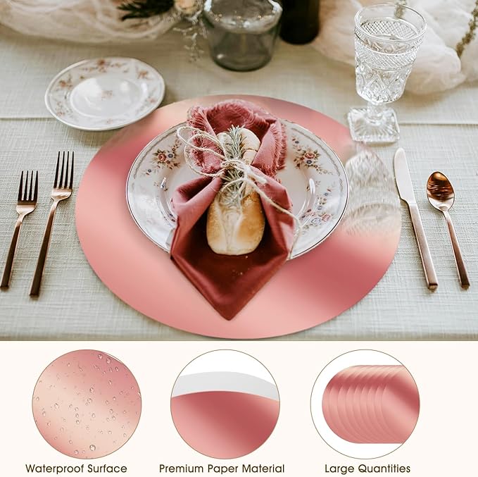 KesaPlan 50PCS Round Rose Gold Placemats, 13" Disposable Paper Placemats for Dining Table, Mirrored Rose Gold Charger Place Mat for Kitchen Banquet Table Setting Wedding Birthday Dinner Party Decor