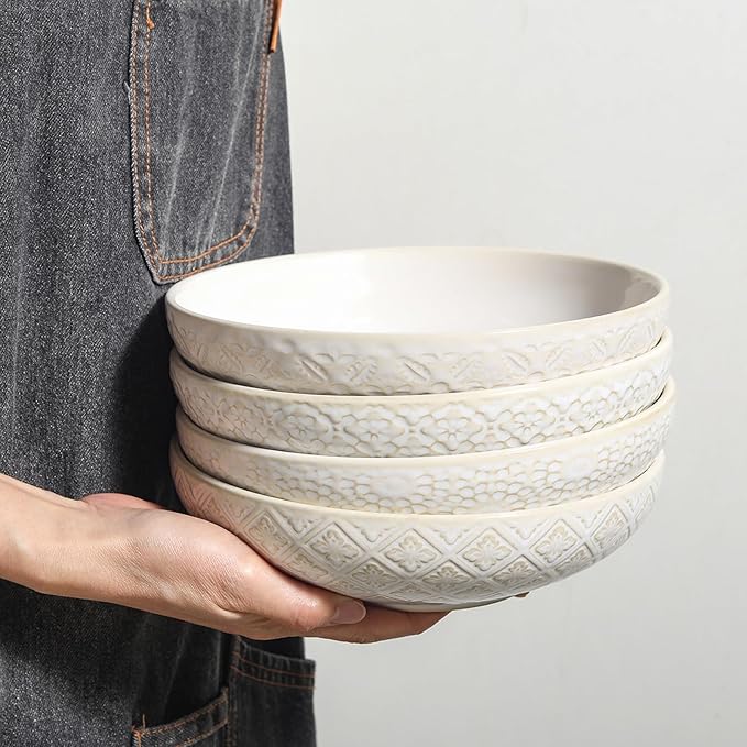 8 inch Pasta Bowls Set of 4, 22 Oz Ceramic Serving Bowls, Large Porcelain Embossed Soup Bowl, Serving Dishes for Pasta, Salad, Fruit, Oven & Dishwasher Safe, Housewarming Wedding Present