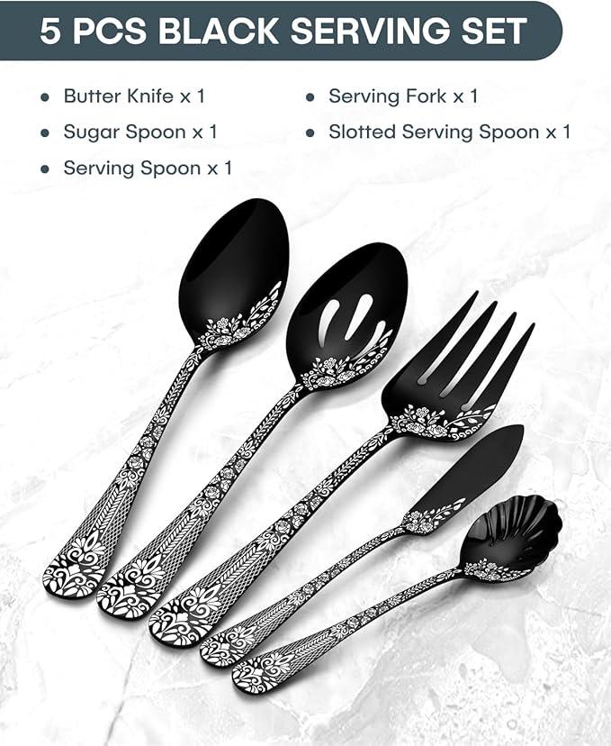 EUIRIO 5PCS Serving Utensils,Serving Set Includes Large Serving Spoon Slotted Serving Spoon Serving Fork Sugar Spoon&Butter Knife,Stainless Steel Flatware Serving set for Buffet Party,Dishwasher Safe