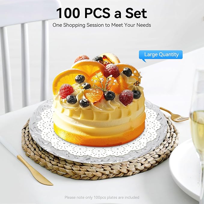 100Pcs Round Charger Plates, 13 Inch Reusable Serving Plates with Embossed Rim, Elegant Decorative Flower Relief Carving Chargers, Charger Plates Bulk for Wedding Party Event Decoration (Silver)
