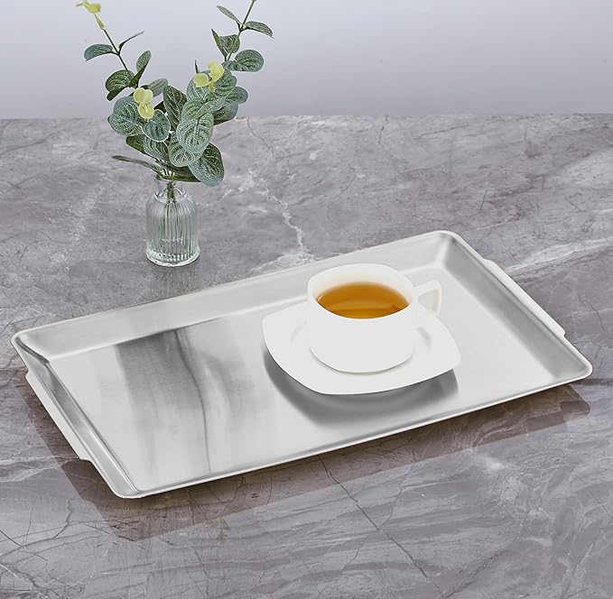 15.8" x 9.5" Large Serving Platters Set of 2, Stainless Steel Heavy-Duty Large Serving Trays, Silver Rectangular Plates for Food, Fruit, Party, Wedding, Christmas, Chip and Scratch Resistant