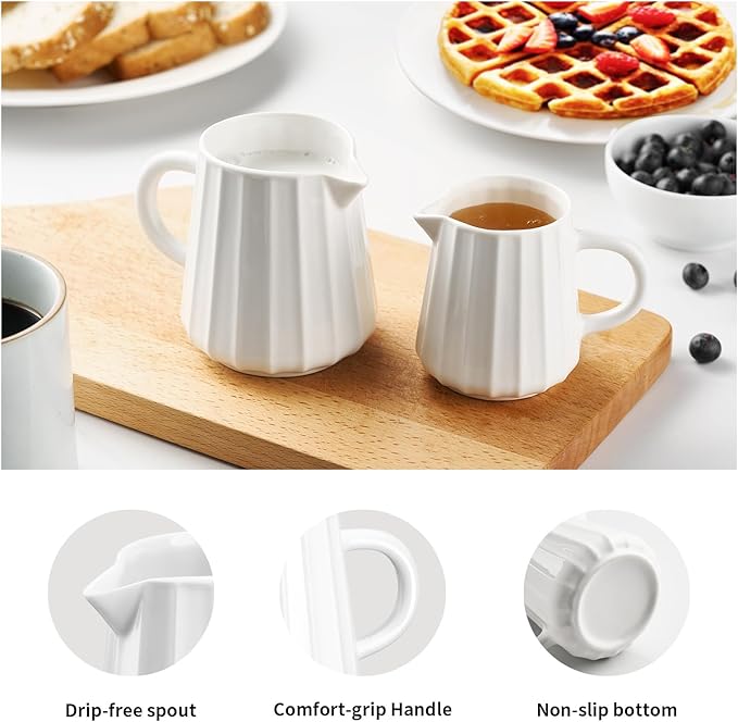 Gurygo Wave Shaped 9 Oz Classic White Creamer with Handle - Small Creamer Pitcher - Fine Porcelain Ceramic Pitcher for Coffee Milk Sauces Salad, Microwave & Freezer Safe
