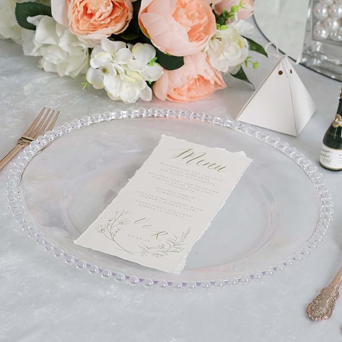 13" Charger Plates - Set of 12 - Clear Round Acrylic Disposable Chargers with Beaded Rim, Ideal for Dinner Party Wedding Bulk Events